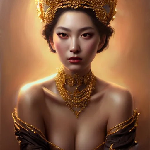 Prompt: expressive oil painting, of alluring european princess, loving seductive look, smooth glowing skin, glistening body, love, adoration, blushing, ornate headpiece of black beads, glamour shot, by yoshitaka amano, by greg rutkowski, by jeremyg lipkinng, by artgerm, digital art, octane render, blouse