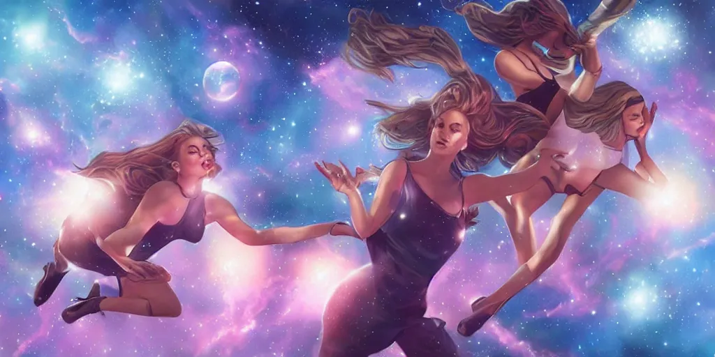 Image similar to girls swinging in the galaxy, art by artgerm