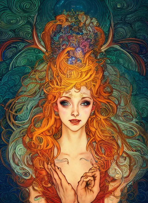 Image similar to Fire Goddess, hair made out of flames, ambient lighting, 4k, josephine wall, alphonse mucha, lois van baarle, ilya kuvshinov, rossdraws, artstation