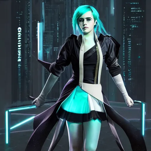 Prompt: emma watson as hatsune miku, she is wearing cyberpunk dress, character portrait. cinematic lightning, art by artgerm and tom bagshaw