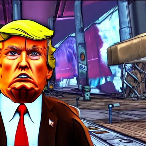 Prompt: a screenshot of donald trump in the video game borderlands 2. 3 d rendering, unreal engine. amazing likeness. very detailed. cartoon caricature