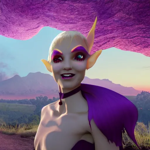 Image similar to a frightening, beautiful elf with violet skin, a scarred face, a bob haircut, and bushy eyebrows, grinning, with a burning vista behind them, in the style of gary frank and rafael albuqurque, rendered in unreal engine