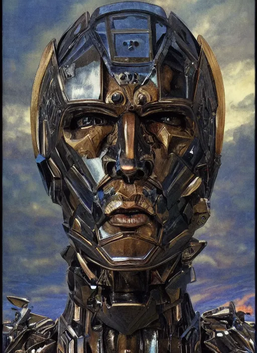 Prompt: symmetry! closeup biblical diabolical beautiful wooden cyborg! stylish armor, heavy eyes to the side, closeup, bright glowing eyes, in clouds, rain, sunset, portrait, by gerald brom, by mikhail vrubel, by peter elson, muted colors, extreme detail, mirrors, trending on artstation, 8 k