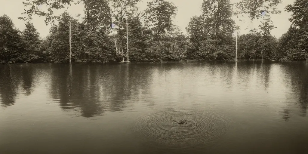 Prompt: centered photograph of a long rope zig zagging across the surface of the water, floating submerged rope stretching out towards the center of the lake, a dark lake on a cloudy day, color film, trees in the background, hyperedetailed photo, anamorphic lens, 2 0 0 1