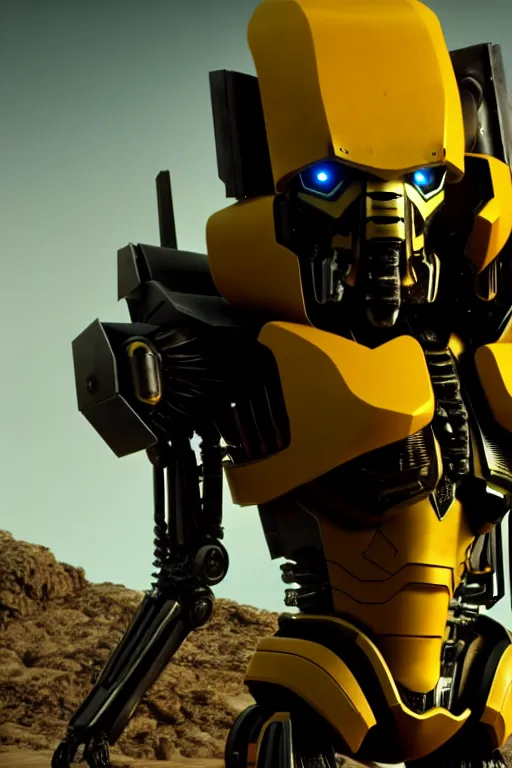 Prompt: a cinematic still from westworld, full body yellow mech bumblebee, humanoid servo, octane render, nvidia raytracing demo, masterpiece, aged armor plating, aggressive head,