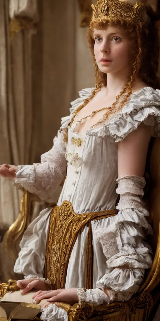 Prompt: young attractive beautiful scandinavian woman wearing 1 8 th century stay in versailles, wow 4 k detail fantasy, matte painting, realistic materials, photo realistic, postprocessing, cinematic, hyperrealistic, studio lighting, ekaterina, the tudors, photography by richard jenkins