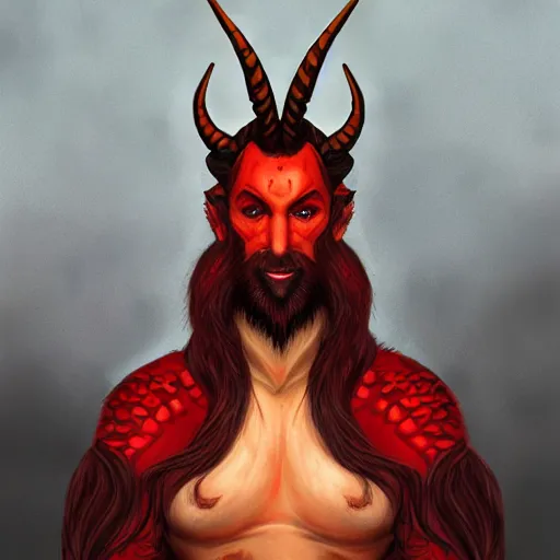 Image similar to dnd portrait of a tiefling, male, red scales, a big black beard, completely golden eyes, 2 long curved horns growing out of his forehead,