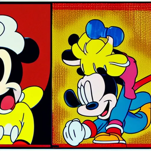 Image similar to mickey mouse and bart simpsons anime manga glitch art pop art by takashi murakami