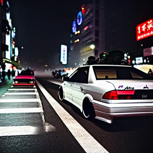 Image similar to a car JZX100 at illegal car meet, Shibuya prefecture, city midnight mist, cinematic color, photorealistic, highly detailed, 200MM