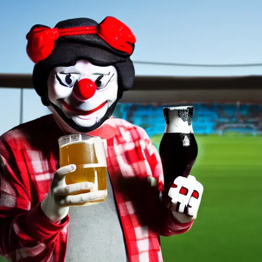 Image similar to silly little grumpy man clown with a beer in front of a soccer match