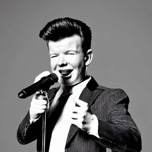 Image similar to young Rick Astley singing into a microphone, dancing, black suit, striped shirt, white background, colored photograph, 4k