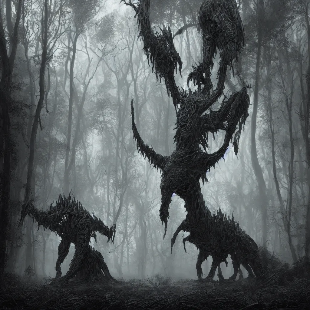 Image similar to Photorealistic giant nightmare creature in the ominous foggy woods in the style of Michael Whelan and Gustave Dore. Hyperdetailed photorealism, epic scale, misty, 108 megapixels, amazing depth, glowing rich colors, powerful imagery, psychedelic Overtones, 3D finalrender, 3d shading, cinematic lighting, artstation concept art