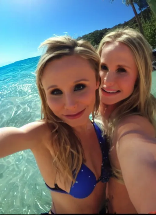 Prompt: viewed from my point of view : date with kristen bell, she's on my bed in bikini, gopro footage