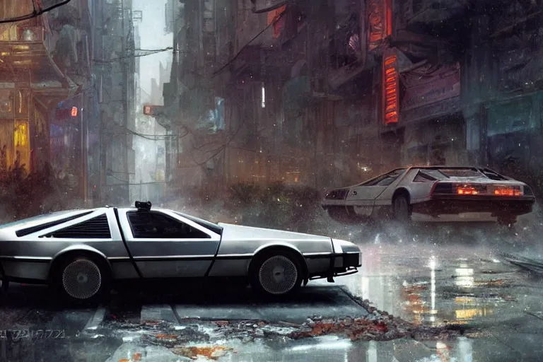 Image similar to photograph of the delorean, with a sleek spoiler, driving down the streets of a cyberpunk abandoned city, by greg rutkowski, by stanley artgerm, by alphonse mucha