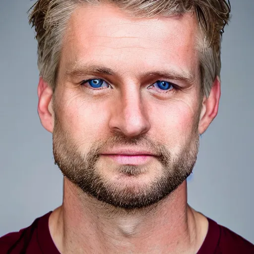 Image similar to full face color photograph of a 40 year old very handsome white man with very short, wavy, light blond hair and small blue eyes, dressed in a maroon t shirt and black jeans, with very thin lips, with a straight nose and blond stubble on his oval face, and pale skin. He resembles a lion.