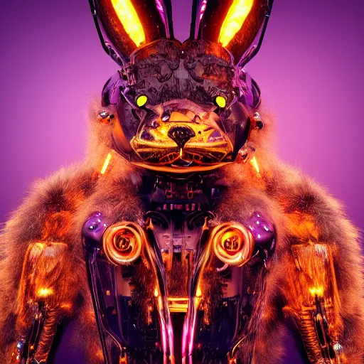 Prompt: human mole chimera, furry, extremely detailed, large rabbit ears, extremely detailed fur, intricate neon circuit pattern, exoskeleton mecha suit, cyborg, surrounded by fire, time travel, lightning arc plama, futuristic, ultra detailed, 8 k, ultra realistic, cinematic atmosphere, unreal engine, octane render, trending on artstation, cgi, photorealistic