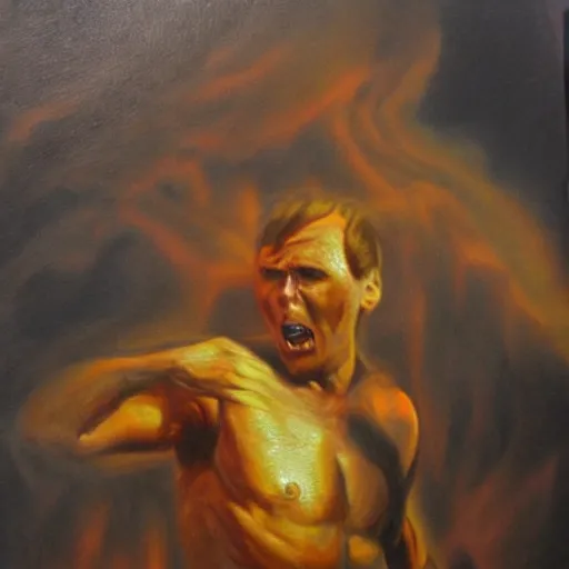 Image similar to Man arising from the depths of hell. Oil painting.