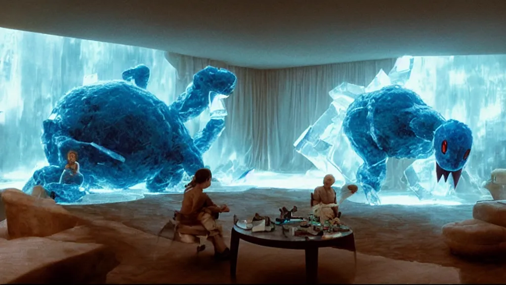 Prompt: a giant pokemon made of water and ice moves through the living room, film still from the movie directed by Denis Villeneuve with art direction by Salvador Dalí, wide lens