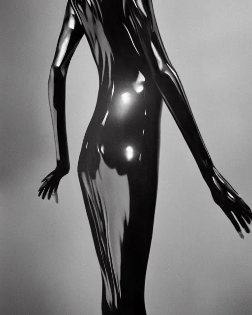 Image similar to a highly detailed unreal engine symmetric portrait of a long legged freaky goddess in a latex dress in an endless galaxy, boke, tilted frame, henry cartier bresson