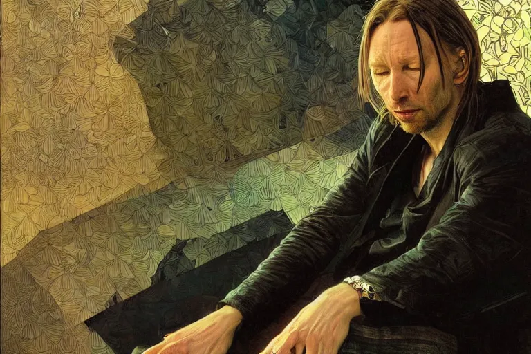 Prompt: hyper realistic portrait of ( thom ) yorke singer songwriter, side, liminal space, by lee bermejo, alphonse mucha and greg rutkowski