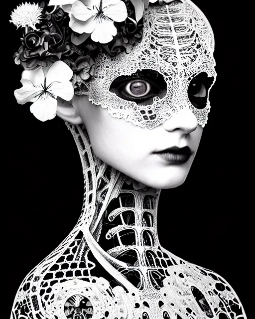 Image similar to black and white masterpiece profile portrait painting with no frame, dutch masters, silver lace floral steampunk biomechanical beautiful one techno eye young female cyborg, big monocular, volumetric light, leaves foliage and stems, hibiscus flowers, by dora maar, rim light, big gothic fashion pearl embroidered collar, 8 k