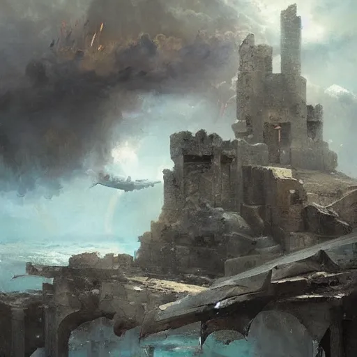 Prompt: Ruins of a castle flying inside a hurricane, oil painting, by Greg Rutkowski