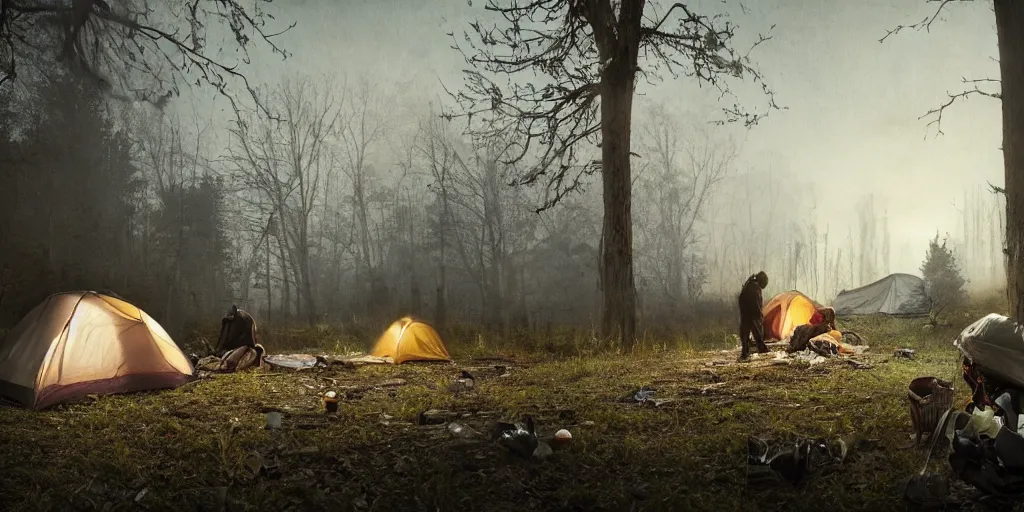 Prompt: two homeless men camping by an abandoned haunted asylum, a hobo barrel fire, elegant scene, low angle, wide angle, deep forest, wide angle, cinematic, ultrarealistic, trending on artstation, cgsociety, highly detailed, color graded, rendered in unreal engine 4 k hq, matte painting, by simon stalenhag and abandoned asylum in the woods