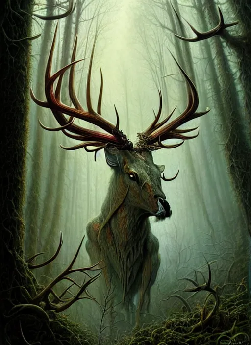 Prompt: spirit of nature with antlers in a scenic dystopian forest environment, intricate, elegant, highly detailed, centered, digital painting, artstation, concept art, smooth, sharp focus, illustration, artgerm, tomasz alen kopera, peter mohrbacher, donato giancola, joseph christian leyendecker, wlop, boris vallejo