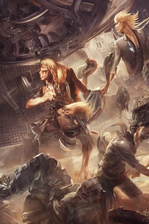 Image similar to a blonde man a mexican man and a persian man fight a giant cash register, ultrarealistic, futuristic dark fantasy, art by artgerm and yoshitaka amano and thomas kincaid, trending on artstation