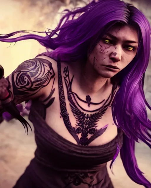 Prompt: beautiful female assassinates npc, perfect face, intricate tattoos, purple flowing hair, crazy eyes, spraying blood, cinematic, blush, stunning, athletic, moist, strong, agile, highly detailed, hard focus, dramatic cinematic lighting