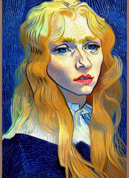 Prompt: portrait of a woman with long blonde hair, detailed beautiful face in painting, detailed beautiful portrait, expressionist oil painting masterpiece, 8 k resolution, smooth, sharp focus, pastel color palette, trending on artstation, by van gogh