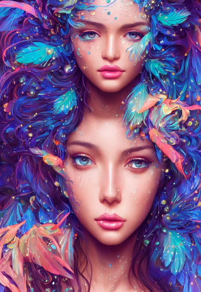 Image similar to beautiful, young woman, detailed gorgeous face, vaporwave aesthetic, synthwave, colorful, psychedelic, water droplets, feathers, crown, artstation, concept art, smooth, extremely sharp detail, finely tuned detail, ultra high definition, 8 k, unreal engine 5, ultra sharp focus, illustration, art by artgerm and greg rutkowski and alphonse mucha