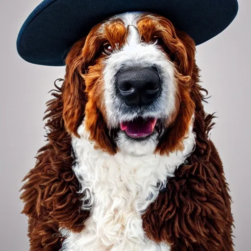 Image similar to a bernedoodle wearing a hat stylized icon trending high definition contrast