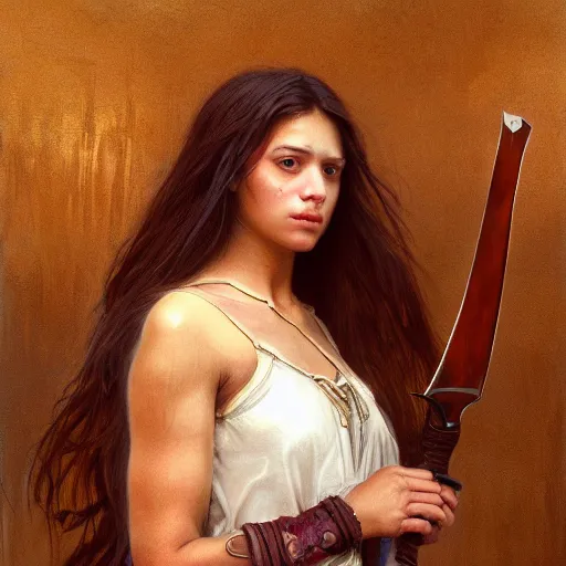 Image similar to artstation concept of a beautiful girl holding a sword in both hands, brown sweaty skin, symmetrical face, casual white garment, brown canyon background, shiny colorful, hyperdetailed, artstation trending, world renowned artists, worth1000.com, historic artworks society, antique renewel, cgsociety, by greg rutkowski, by Gustave Dore, Deviantart