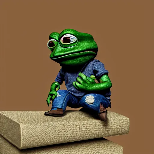 Image similar to perfectly accurate miniature figure of pepe the frog wearing jeans and a black leather jacket, soft textures, skin texture, clothing, 3d sculpture, textured, fine detail, lifelike, photo, high resolution, octane render, post processing, after effects, trending on artstation