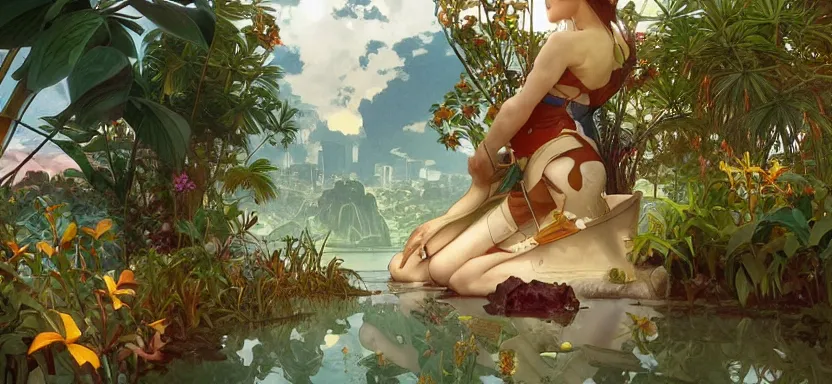 Image similar to utopian city in perfect harmony with nature, clean energy and food abundance, beautifully landscaped and tropical a digital illustration by artgerm and wlop and alphonse mucha and Greg Rutkowski, trending on artstation