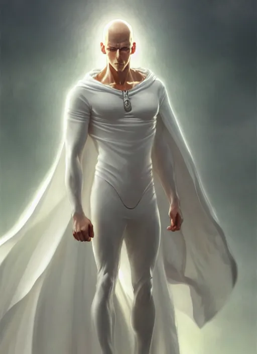 Image similar to ultra realistic illustration, handsome saitama. white cape, intricate, elegant, highly detailed, digital painting, artstation, concept art, smooth, sharp focus, illustration, art by artgerm and greg rutkowski and alphonse mucha and wlop