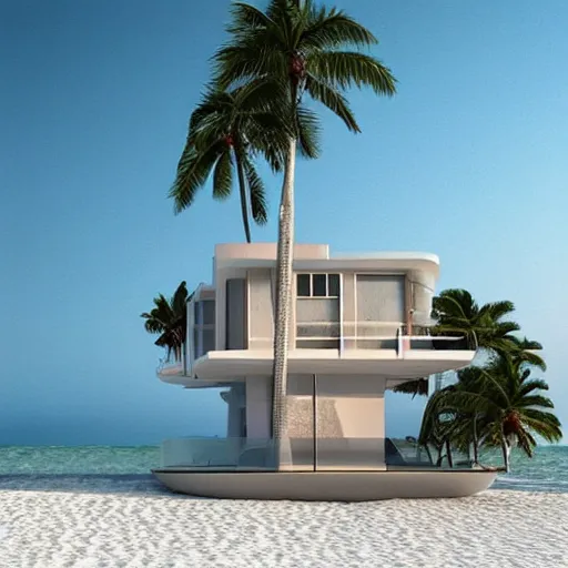 Image similar to “ a realistic model of a house floating on the beach of miami, 8 k render designed by norman foster ”