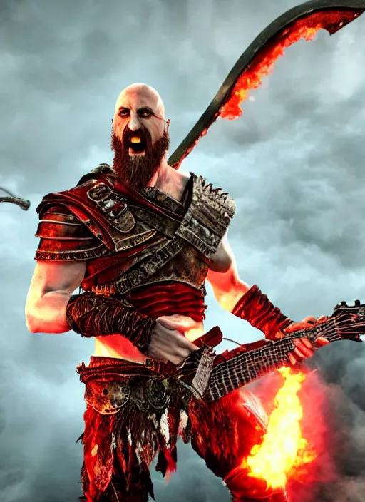 Image similar to armored screaming kratos rocking out on a flaming stratocaster guitar, cinematic render, god of war 2 0 1 8, playstation studios official media, lightning, flames, left eye red stripe, red left eye stripe, left eye red stripe, red left eye stripe, clear, coherent
