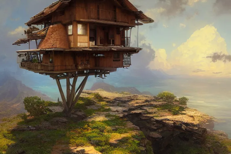 Image similar to lovely a - frame home sits atop a broad cliff, overlooking the entirety of the blue sky, digital painting by greg rutkowski and gaston bussiere, zbrush, cgsociety contest winner, comprehensive art, intricate, landscape photography, brightly radiant atmosphere, overcast sky, homogeneous to hawaii, 4 k, 8 k