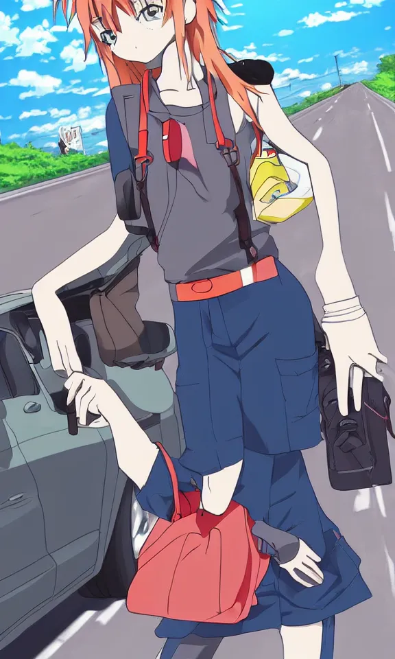 Prompt: a hitchhiker on a highway, anime style