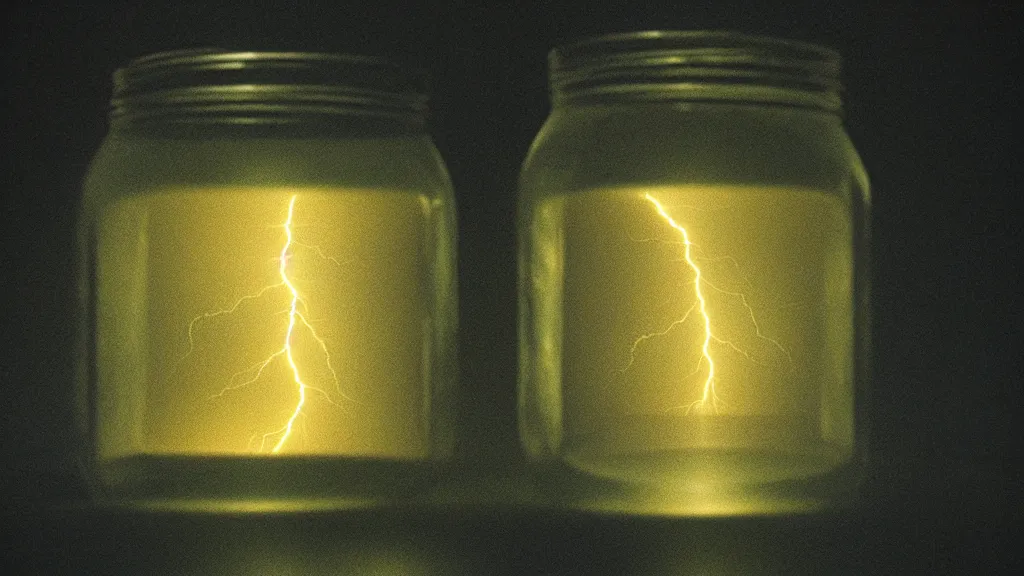 Prompt: lightning inside of a glass mason jar, in the attic, film still from the movie directed by denis villeneuve and david cronenberg with art direction by salvador dali and zdzisław beksinski, wide lens, close up