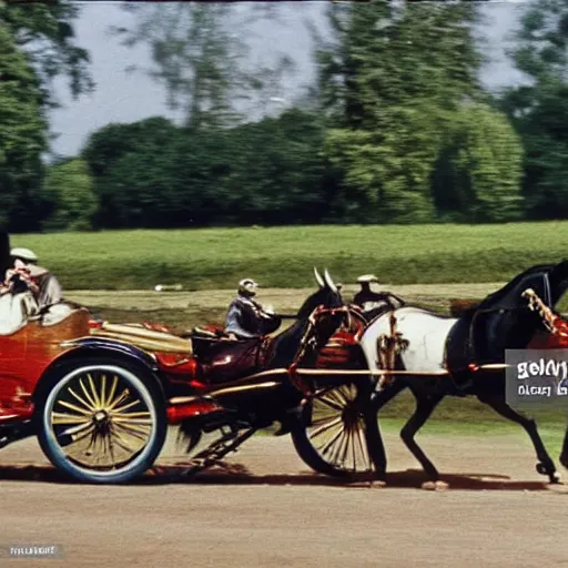 Image similar to lady catherine de bourgh from pride and prejudice drives her barouche box pulled by two horses on the formula 1 circuit of le mans. she is surrounded by ferrari cars one of them driven by steve mcqueen. cinematic, technicolor, highly intricate