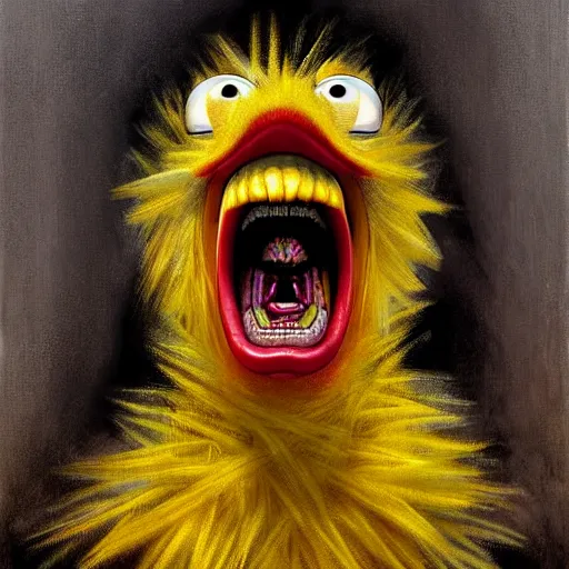 Prompt: Facial portrait. horrorversion version of Big Bird, looking at the camera, slight evil smile, lips wide parted, mouth wide open, sharp teeth visible. fear inspiring, intimidating, extremely detailed painting. by Greg Rutkowski and by Henry Justice Ford and by Steve Henderson.