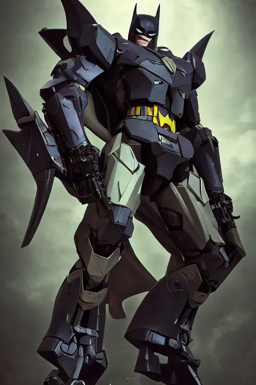 Image similar to batman gundam, unreal engine 8 k, illustration, comprehensive art, thorough details, intricate, artstation atmosphere, highly detailed, symmetrical, concept art, nc wyeth, artstation, craig mullins, william adolphe bouguereau, digital painting, james jean, joao ruas, takashi murakami, gregory crewdson cinematic lighting, 4 k