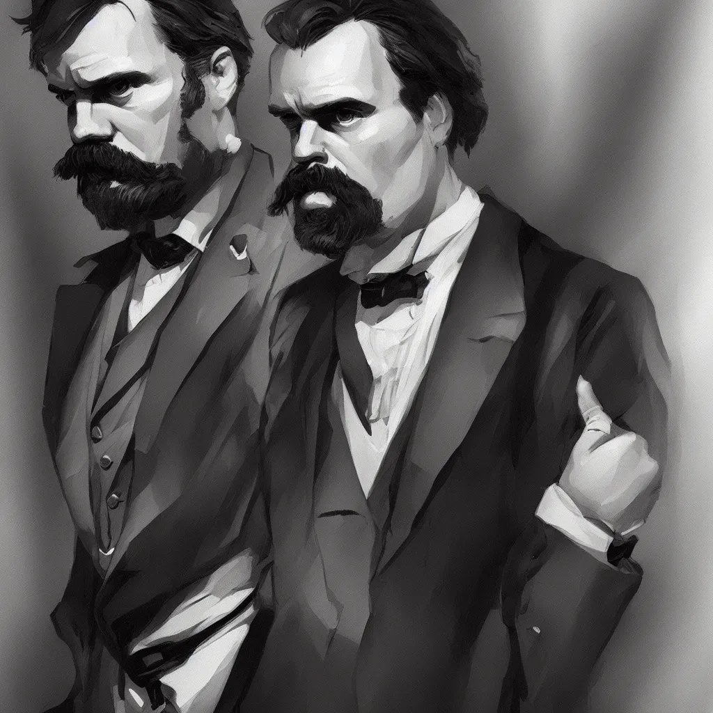 Prompt: Portrait of Friedrich Nietzsche in his Suit with a chiseled Jawline and serious Look, in the Style of Artgerm and Charlie Bowater and Mike Mignola, rim light, moody colors, hard shadows, colorful, plain background, trending on artstation
