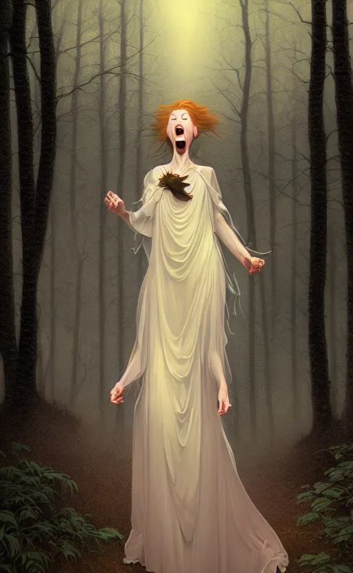 Prompt: in the style of thomas kinkade, shinsui ito, joshua middleton, transparent female ghost screaming, flowing dress, full body, symmetrical face, in the woods, moody lighting, dark fantasy