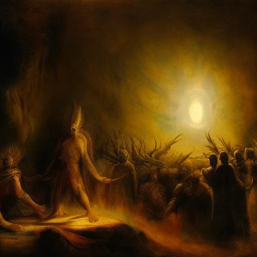 Prompt: the arrival of the first alien god to earth, cinematic painted by rembrandt