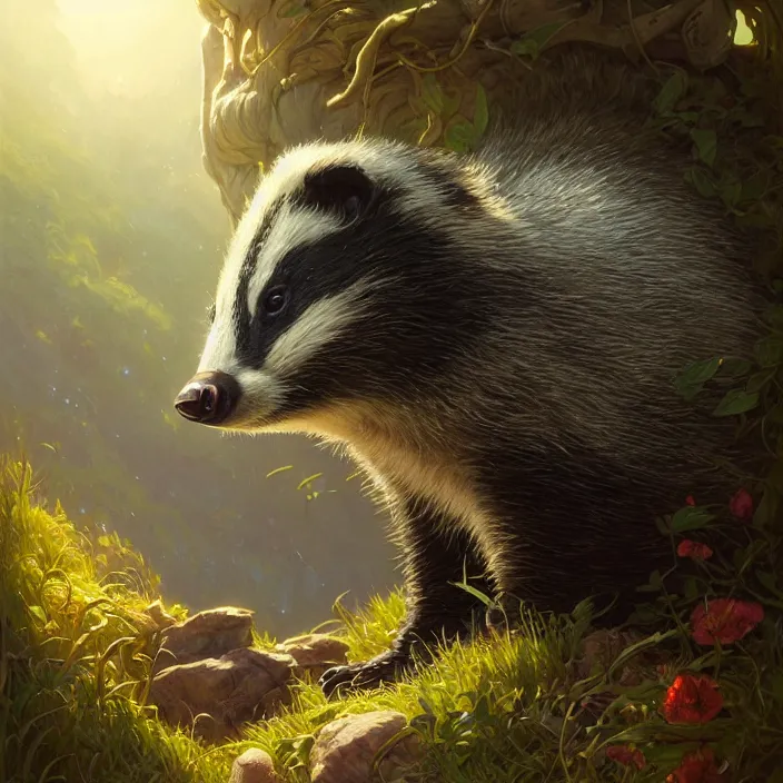 Image similar to highly detailed portrait of a cute badger, unreal engine, fantasy art by greg rutkowski, loish, rhads, ferdinand knab, makoto shinkai and lois van baarle, ilya kuvshinov, rossdraws, tom bagshaw, alphonse mucha, global illumination, radiant light, detailed and intricate environment