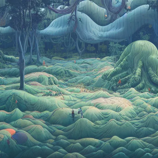 Image similar to inflatable landscape with forest, river and mountains swarm of floating wishes , concept art, huge scale, high detail, sci fi by James Jean